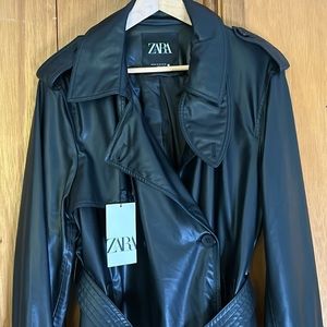 NWT Zara faux leather black trench coat with belt